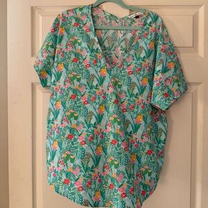 Michelle McDowell / Mary Square Floral V-Neck Tunic Blouse Size Large